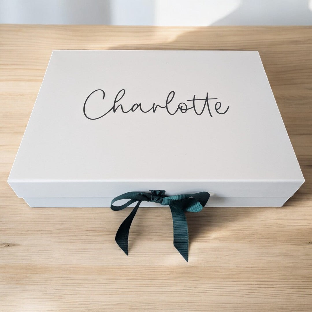 XL Personalised Gift Box with Dark Green Text and Ribbon