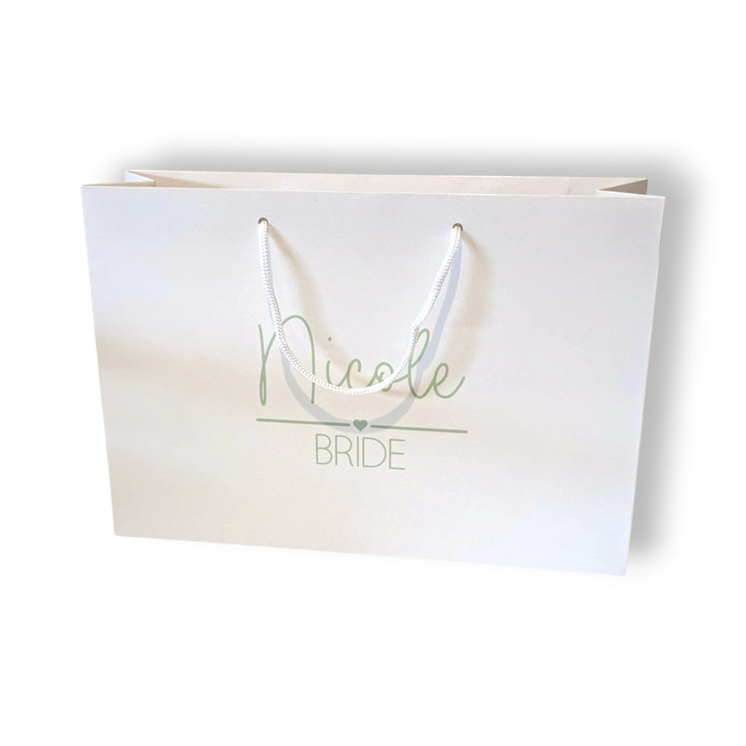 White Gift Bag with Sage Writing