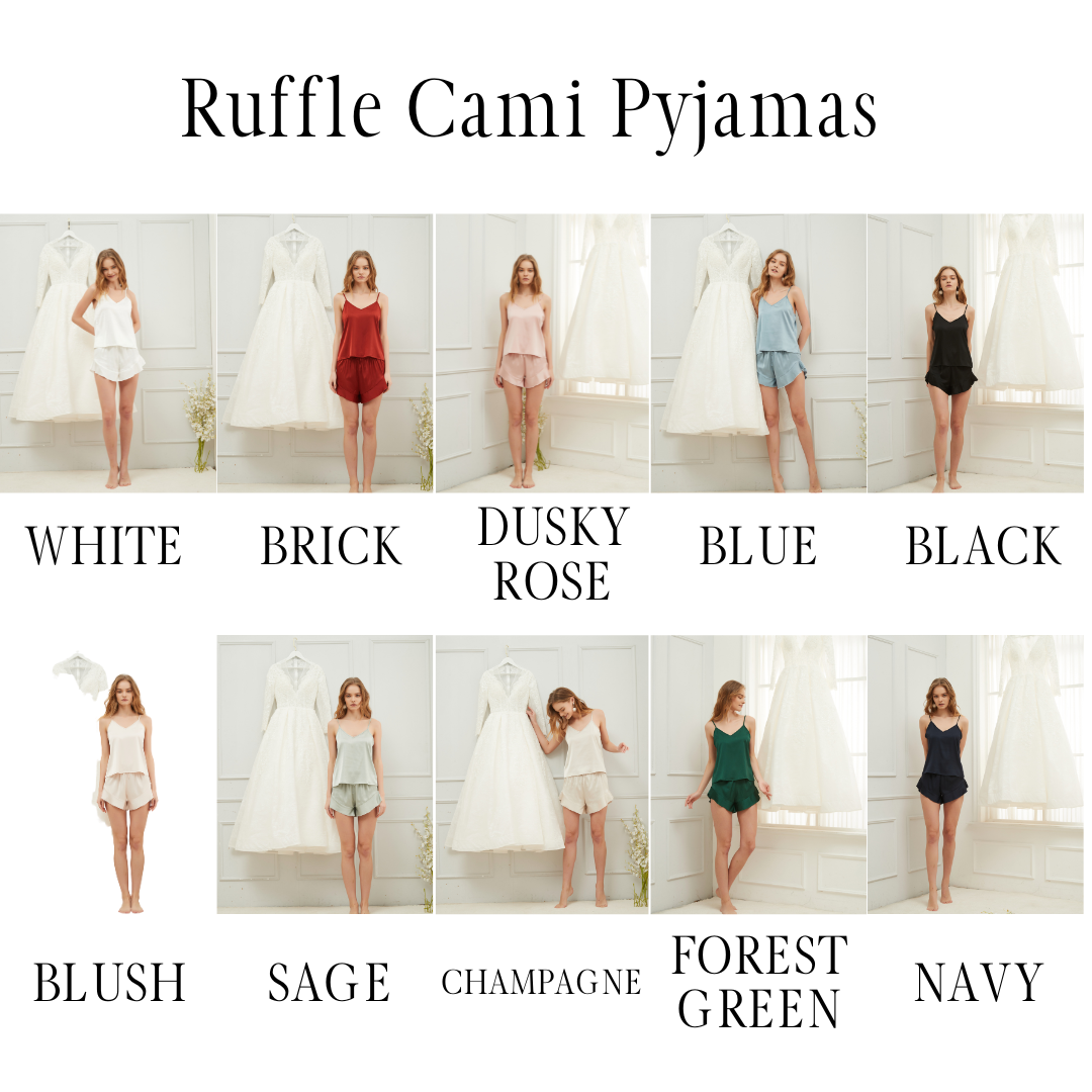 White Personalised Ruffle Cami Pyjamas | Brick Rust Personalised Ruffle Cami Pyjamas | Dusty Rose Personalised Ruffle Cami Pyjamas | Blue Personalised Ruffle Cami Pyjamas | Black | Blush Personalised Ruffle Cami Pyjamas | Sage Personalised Ruffle Cami Pyjamas | Champagne Personalised Ruffle Cami Pyjamas | Forest Green Personalised Ruffle Cami Pyjamas | Navy Personalised Ruffle Cami Pyjamas