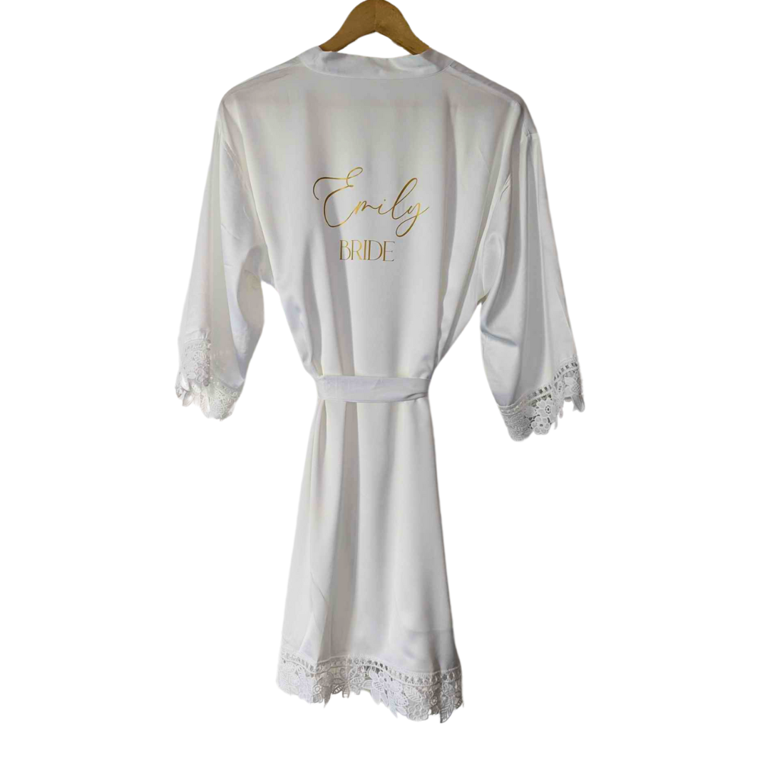 White Satin Lace Edge Robe for Bride with Gold Writing