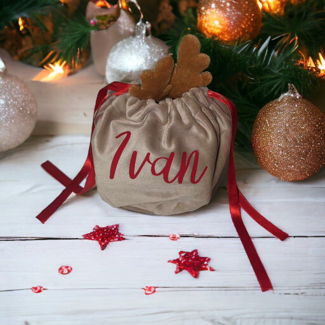 Reindeer Gift Bag | Reindeer Gift Sack | Mini Reindeer Sack | Childrens Name Gift Bag