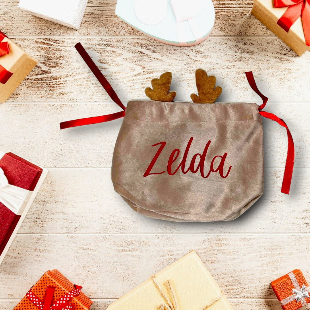 Reindeer Gift Bag | Reindeer Gift Sack | Mini Reindeer Sack | Childrens Name Gift Bag