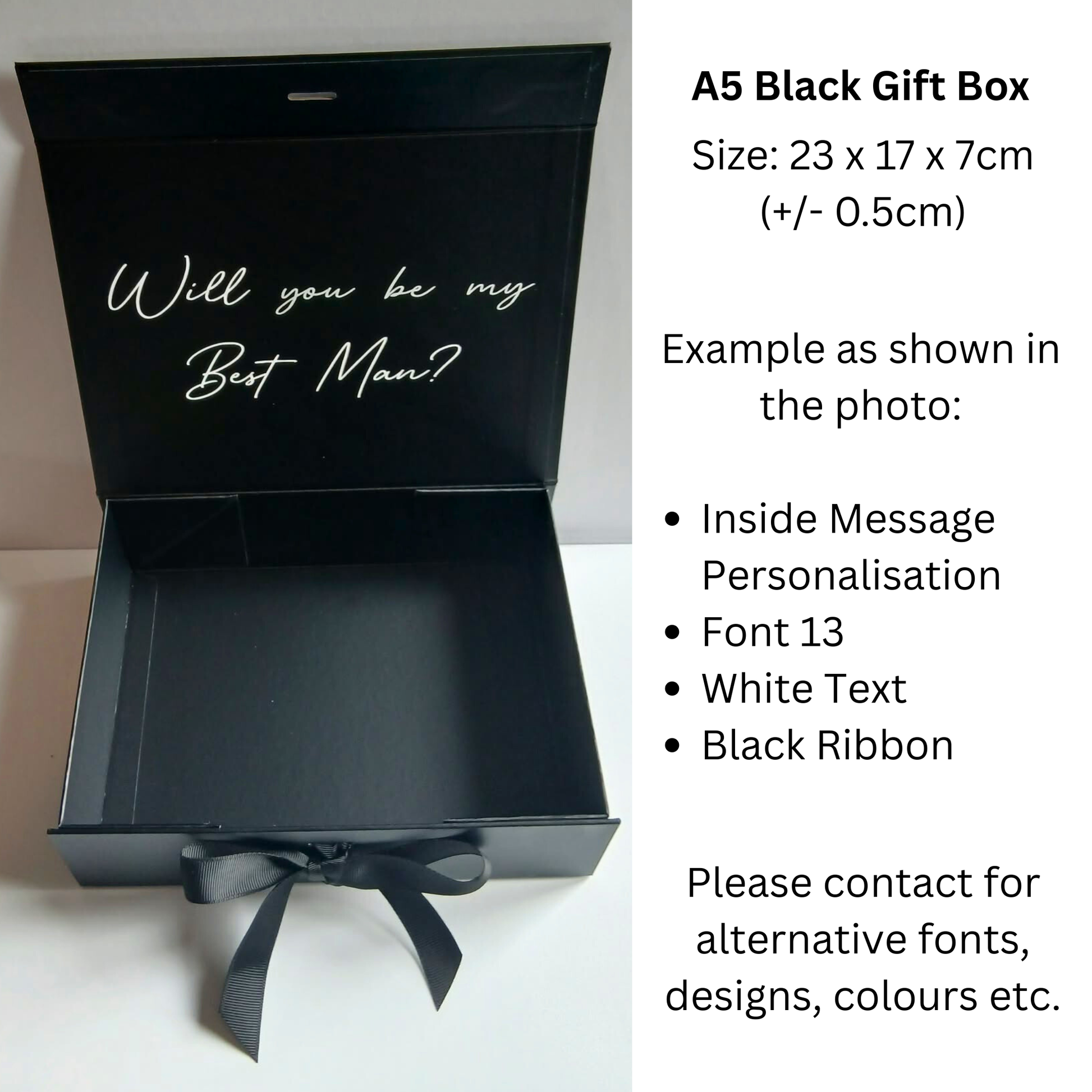 Black Small Luxury Gift Box with Black Ribbon and Personalised with 'will you be my Best Man?' in white cursive writing | Groomsmen proposal box | will you be my best man? | Birthday gift box | Graduation keepsake | Anniversary Gift | Memorial Box
