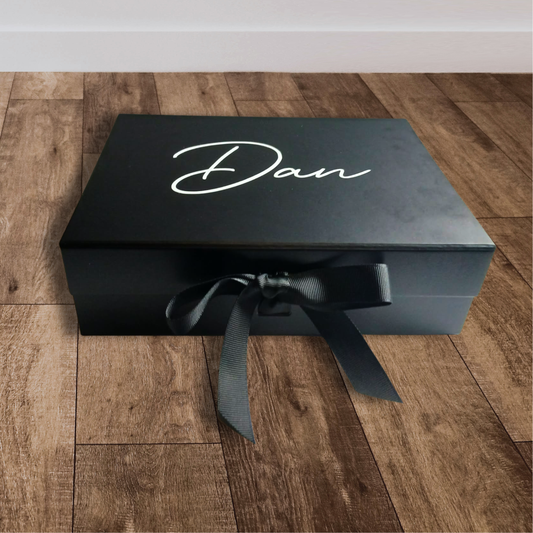 Black Small Luxury Gift Box with Black Ribbon and Personalised with the name dan in white cursive writing | Groomsmen proposal box | will you be my best man? | Birthday gift box | Graduation keepsake | Anniversary Gift | Memorial Box